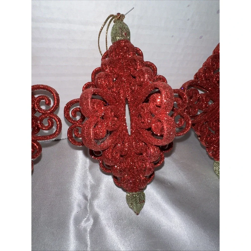 Red Glitter Scroll Christmas Ornaments Set of 3 Filigree Finial Holiday Decor